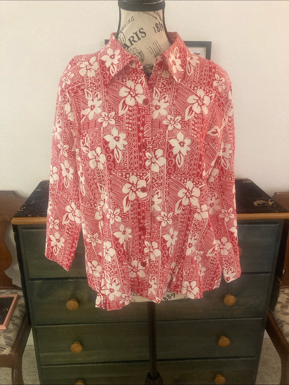 Christopher & Banks Red and White Tropical Linen Blend Top